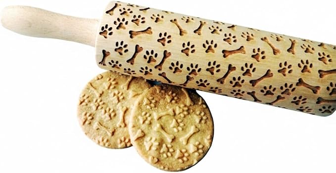 PAW and BONE EMBOSSING ROLLING PIN LASER ENGRAVED PATTERN with PAWS and BONES for EMBOSSED COOKIES or PASTA