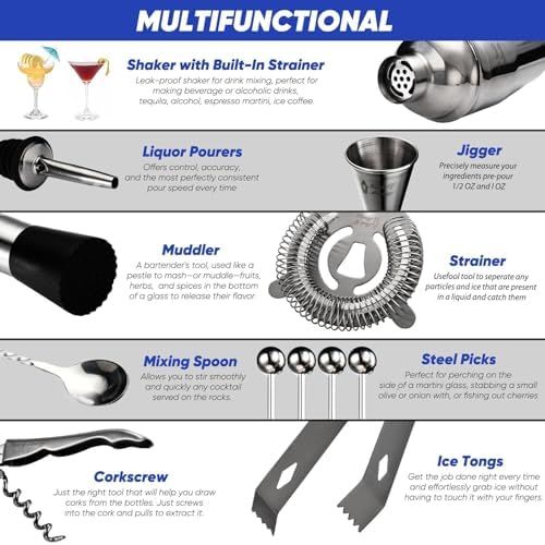 Bartender Kit with Cocktail Shaker, Stylish Bamboo Stand, Liquor Pourers for an Perfect Drink Mixing Experience - 14 Piece Barware Essentials Cocktail Shaker Set (Dark Metallic)