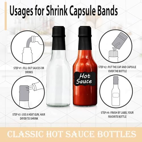 Clear Glass Hot Sauce Bottle (woozy) with Black Cap and Orifice Reducer 8.5 oz - (6 Pack) - Empty Wine Bottles with Shrink Capsules Bands, Labels, Silicone Collapsible Funnel and Chalk Marker Included