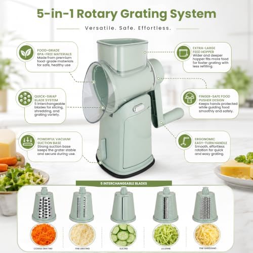 Rotary Cheese Grater Hand Crank, 5-Blade Shredder with Handle, Vegetable Slicer Mandoline Food Chopper, Strong Suction Base Kitchen Gadget for Cheese Vegetables Nuts – Green