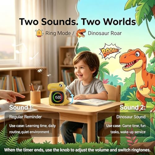 Orange Dino Visual Timer for Kids, Toddler Countdown Timer Clock