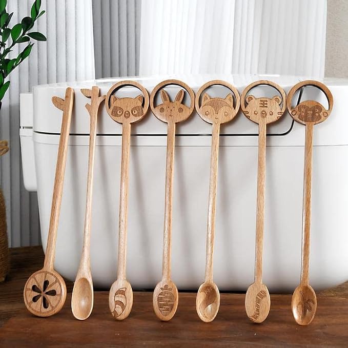 6 Pack Wooden Coffee Mixing Spoons Long Handle Wood Iced Tea Spoons Small Stirring Spoon for Mixing Coffee Tea Beverage (Tiger Design)