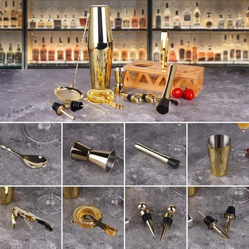 Cocktail Shaker Set, Boston Shaker Bartender Kit with Bamboo Stand,13 Piece Bar Set Stainless Steel Bar Accessories for Drink Mixing, Bar, Home, Party (Gold)