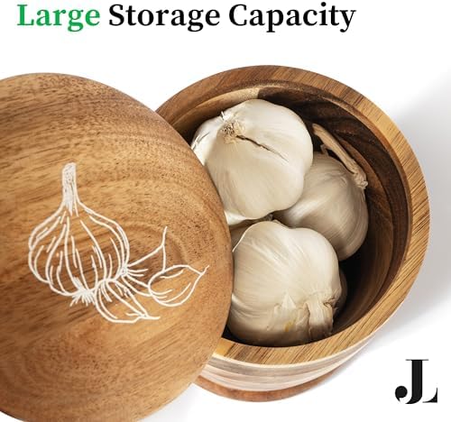 The Garlic Shack Acacia Garlic Keeper For Counter With Lid. Large 5.6 Inch
