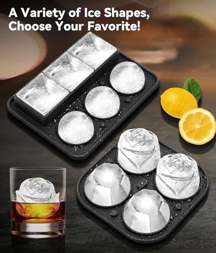 Ice Cube Tray with Lid, Silicone Ice Molds with Round, Square, Diamond, Rose, Large Ice Cube Mold for Whiskey, Bourbon, Cocktails, Easy Release BPA Free, Set of 2 (Pack of 2)