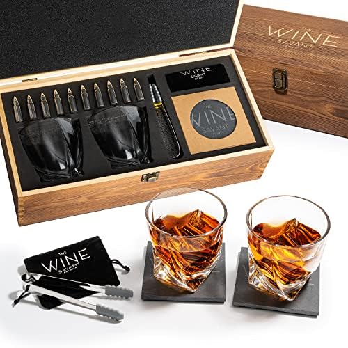 Luxurious Bar Gift Set - 2 Whiskey Glasses + 10 Bullets Chilling Stainless-Steel Whiskey Rocks - Slate Stone Coasters & Tongs - Set in Premium Wood Box by The Wine Savant - Birthday Gift - 11 oz Glass