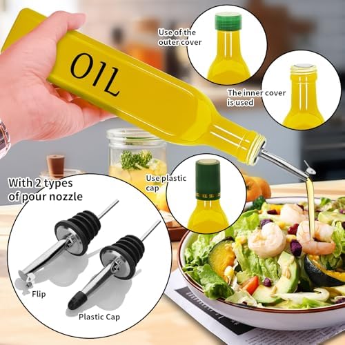 Olive Oil Dispenser Bottle,2 Pcs 17oz 500ml Glass O il and Vinegar Dispenser Set with 2 Stainless Steel Pourers, 8 Labels,Funnel Vinegar Bottles for Kitchen (Yellow)
