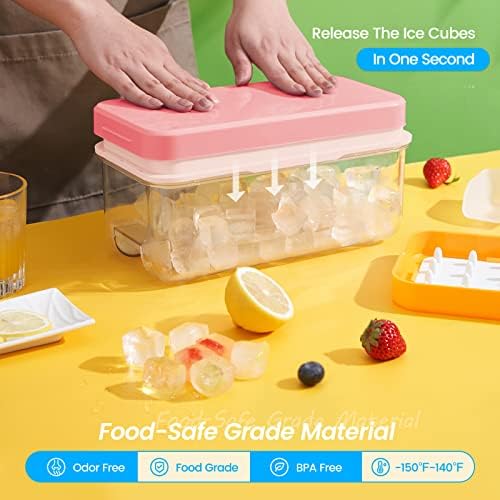 PHINOX 1" Ice Cube Tray with Lid and Bin, Easy Release 64 Cubes for Freezer
