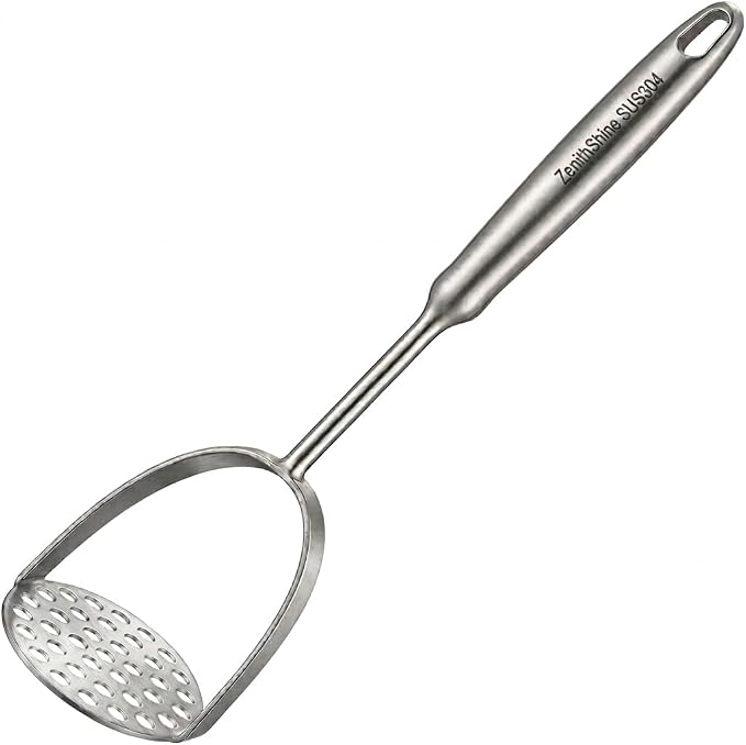 Potato Masher, Heavy Duty 304 Stainless Steel Potato Masher, One-Piece 37-Hole Plate for Smooth Mashing, Dishwasher Safe, Silicone Spatula Included