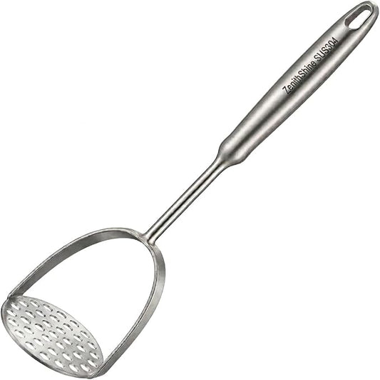 Potato Masher, Heavy Duty 304 Stainless Steel Potato Masher, One-Piece 37-Hole Plate for Smooth Mashing, Dishwasher Safe, Silicone Spatula Included