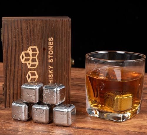 Whiskey Stones, Whiskey Stone Gift Set, 6 Stainless Steel Cubes, Burbon Gifts Cool Presents for Men Dad Husband Boyfriend, Unique Anniversary Birthday Wedding Gift Ideas - by Angde
