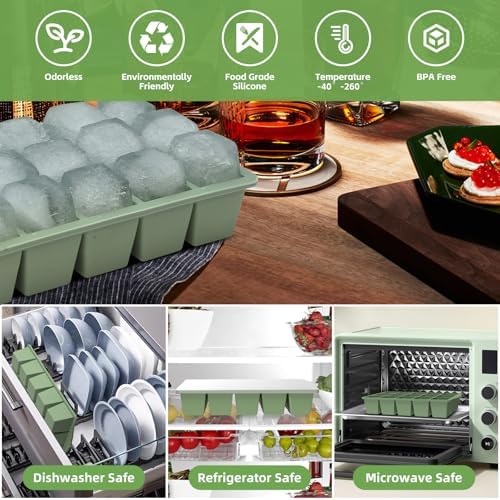 FANYITY Silicone Ice Cube Tray with Lid, Green, Pack of 4 Ice Cube Moulds, Silicone Mould, BPA-Free, Stackable Ice Cube Tray, Ice Cube Trays for Baby Porridge, Cocktail, Whiskey, Coffee