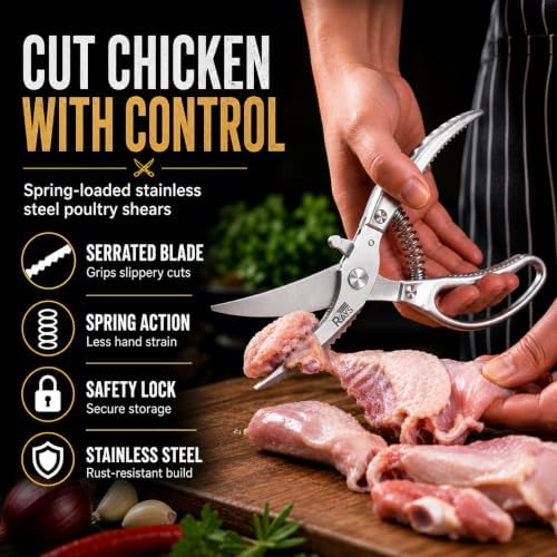Heavy Duty Poultry Shears, Spring Loaded Kitchen Scissors for Chicken, Turkey, Meat & Fish, Stainless Steel Meat Scissors & Chicken Bone Cutter, Dishwasher Safe with Safety Lock & Gift Box
