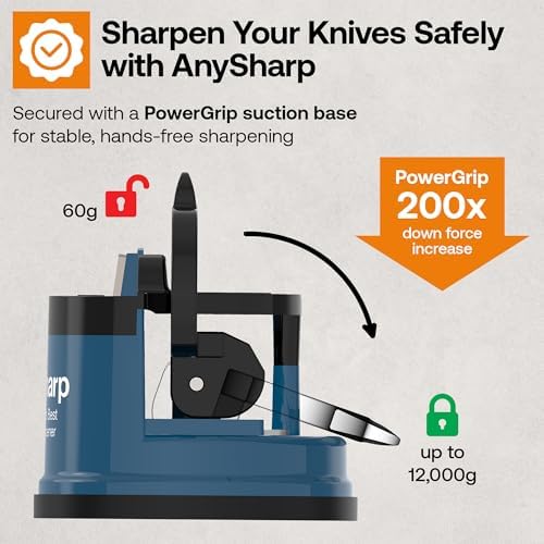 AnySharp – Editions – Hands Free Knife Sharpener - Easy to Use Sharpening Tool with PowerGrip Suction Base and 20-Degree Pre-Set Angle - for All Knives: Chef's, Serrated, and Hardened Steel - Blue