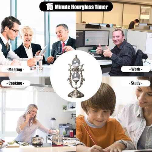 Sanduhr 15 Minuten,Hour Glass,Metal Vintage Hourglass,Hourglass Decor, Hourglass with Sand Embossed Metal Hour Glass Timer,for Home Desk Office Weddin Kitchen Timer (White Sand)