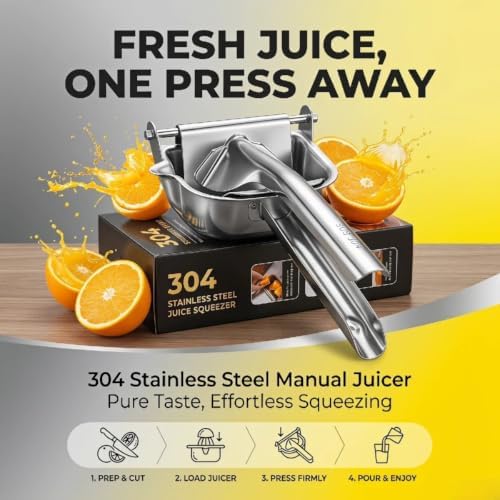 304 Food Grade Stainless Steel Manual Lemon Squeezer, Heavy Duty Hand Press Citrus Juicer Handheld Juice Extractor for Orange Lime Grapefruit Watermelon Grape, Portable Fruit Juice Presser