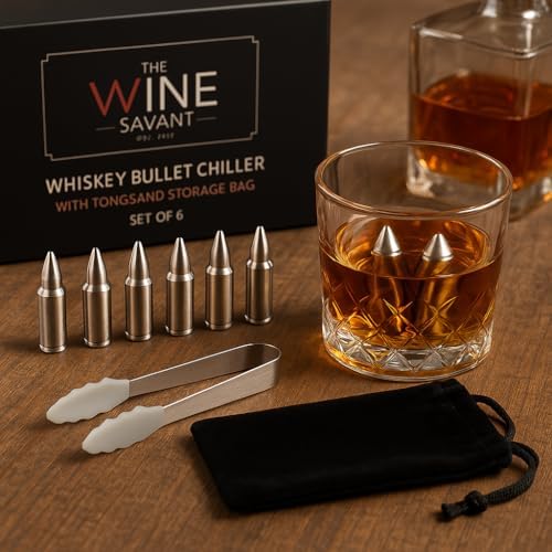 Bullet Whiskey Chillers Stones - Whiskey Rocks by The Wine Savant Set of 6 - Stainless Steel Bullet Shaped Ice Cubes, Gift Box Come, Tongs and Storage Bag, Scotch Rocks (Silver) (Pack of 2)