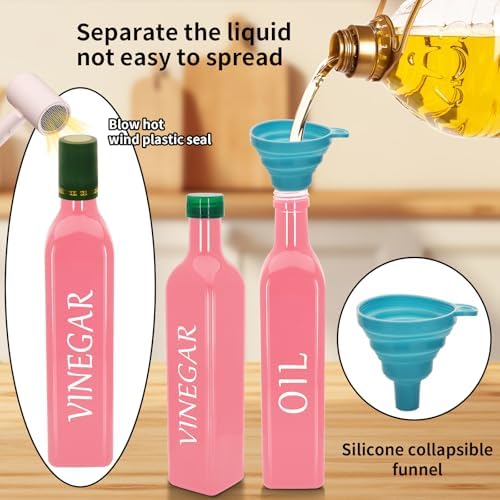 Olive Oil Dispenser Bottle,2 Pcs 17oz 500ml Glass O il and Vinegar Dispenser Set with 2 Stainless Steel Pourers, 8 Labels,Funnel Vinegar Bottles for Kitchen (Pink)