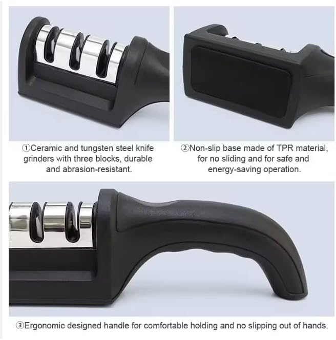 Professional 3-Stage Knife Sharpener with diamond, tungsten steel and ceramic slots. Sharpen kitchen knives, chef knives and scissors easily with this non-slip manual sharpener. (Black)