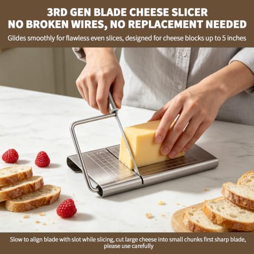 Cheese Slicer, Multipurpose Stainless Steel Cheese Cutter, Professional Upgrade with Sharp Blade & Engraved Measuring Scale Board for Block Cheese, Butter, Ham, Sausages Baking Gadget