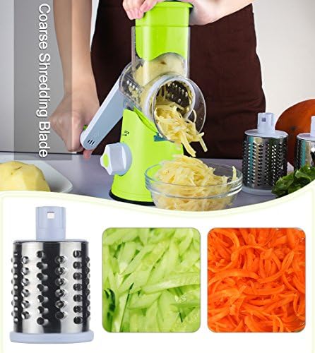 Ourokhome Rotary Cheese Grater with 3 Stainless Steel Drum Blades and 12 in 1 Professional Mandolin Slicer for Kitchen with 1.7 L Vegetable Container