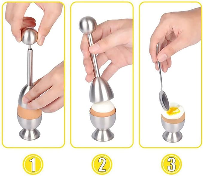 Egg Cracker Topper Set for Soft Boiled Eggs Includes 1 Stainless Steel Egg Topper 4 Egg holder cups 4 Egg Spoons 1 Egg Timer 1 Egg Yolk Separator