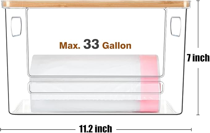 Trash Bag Holder, Acrylic Garbage Bag Dispenser with Bamboo Top | Extra Large Trash Bags Dispenser Under Sink for Kitchen, Pantry, Laundry Room, Cabinet Organizer and Storage (1 PACK)