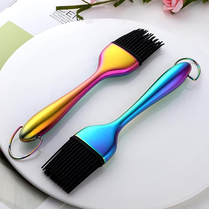 2 Pack Grill Basting Brush with 2 Pack Back Up Silicone Brush Heads, No Shed Bristles Stainless Steel Handles Heatproof Rust Resistant, Pastry Brushes for Kitchen Cooking BBQ (Rainbow Color)