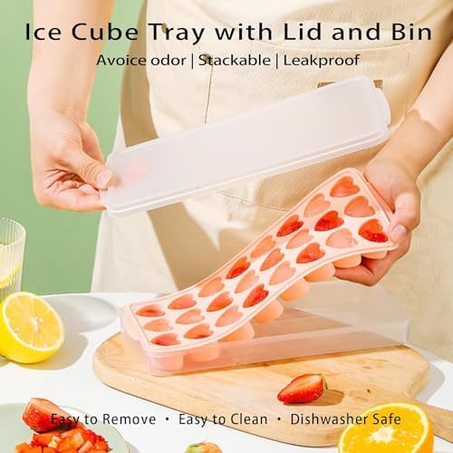 Heart-Shaped Ice Cube Trays With Lid and Bin- 24 Holes Silicone Fun Ice Cube Tray, BPA Free and Dishwasher Safe, Mini Cute Shape Ice Cube Mold, Easy to Remove With Lid (Pink)