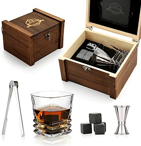 Whiskey Glass and Stones Set with Vintage Wood Box, Ideal Gifts for Men Dad