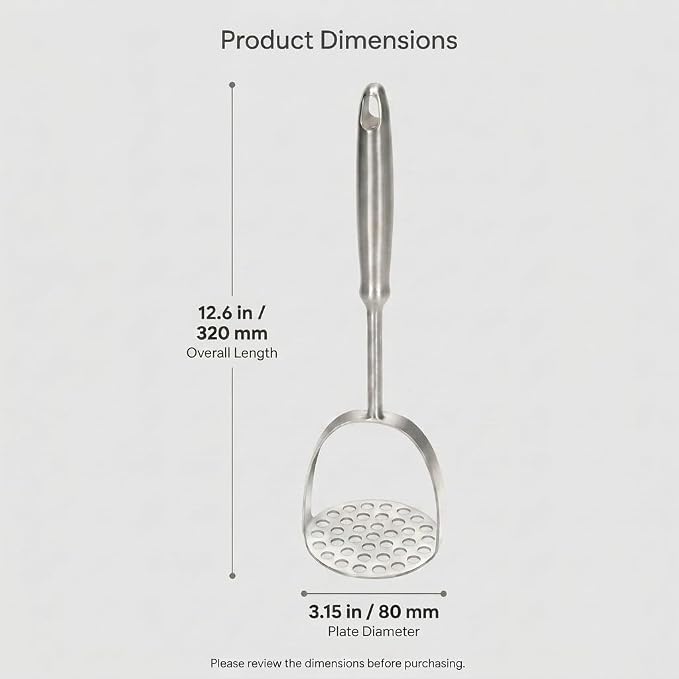 Potato Masher, Heavy Duty 304 Stainless Steel Potato Masher, One-Piece 37-Hole Plate for Smooth Mashing, Dishwasher Safe, Silicone Spatula Included