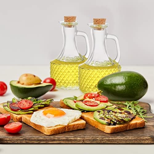 Frcctre 4 Pack Glass Oil and Vinegar Cruets Bottles, 13.5 Ounce Glass Olive Oil Dispenser Bottle with Handle and Cork, Soy Sauce Salad Dressing Syrup Liquid Dispenser for Kitchen