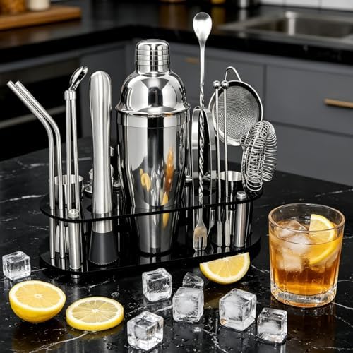 22-Piece 25oz Cocktail Shaker Set, Bartender Kit with Stand, Jigger for Bartending Kit, Bar Set Cocktail Shaker Set, Drink Mixer Set, Cocktail Set Recipe Home, Bar, Party (Stainless Steel)