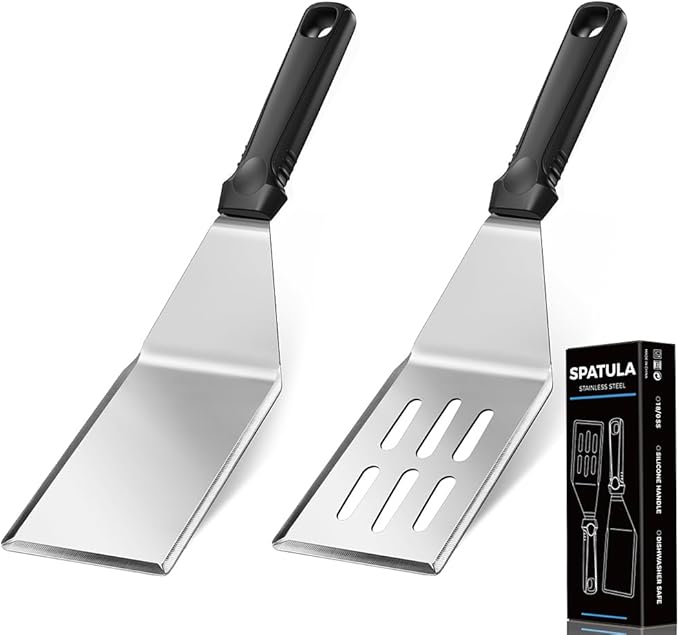 11.8-in 18/0 Stainless Steel Spatulas, Silicone Non-slip Handle, Brushed Metal Spatula Set for Kitchen Use Cast Iron Skillet, BBQ Frying Griddle, Pack of 2