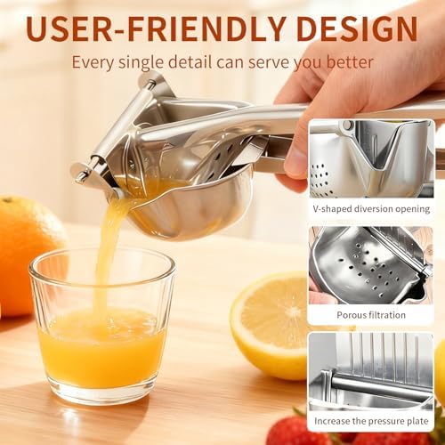 Heavy Duty 304 Stainless Steel Lemon Squeezer, Manual Citrus Juicer Hand Press Juice Extractor, Fruit Presser for Orange, Lime, Grapefruit & Pomegranate