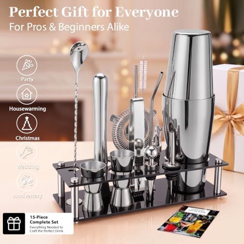 Boston Cocktail Shaker Set, 18 oz & 28 oz 2-Piece Tins, 304 Bartender Kit 15-Piece Bar Tool Set with Acrylic Stand & Recipe Book, for Novices & Pros, Home and Bar Use (Silver)