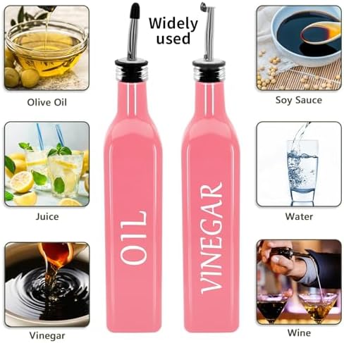 Olive Oil Dispenser Bottle,2 Pcs 17oz 500ml Glass O il and Vinegar Dispenser Set with 2 Stainless Steel Pourers, 8 Labels,Funnel Vinegar Bottles for Kitchen (Pink)