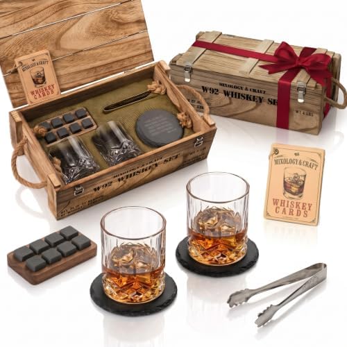 Mixology & Craft Whiskey Gift Set - Includes 2 Lead-Free Crystal Glasses, 8 Granite Chilling Stones, 2 Slate Coasters, Metal Tongs & Recipe Cards with a Wooden Army Crate Box