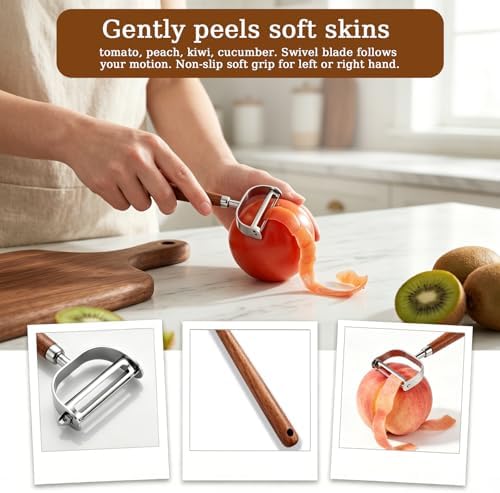 Multifunctional Vegetable Peeler for Kitchen, with Straight & Y Peeler & Shrimp Deveiner, Stainless Steel Blade with Wooden Handle, for Vegetable Fruit Carrots Potato Cucumbers