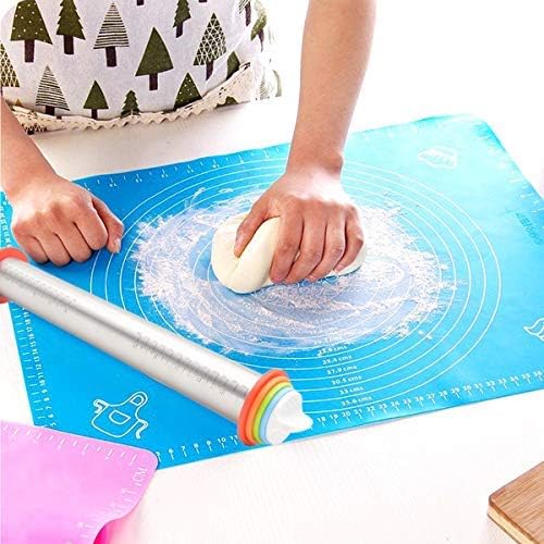 Rolling Pin and Baking Mat Set, Stainless Steel Dough Roller with Thickness Rings for Baking/Dough/Pizza/Pastry/Cookies, Non-Stick Reusable Large Kneading Silicone Mat with Measurements