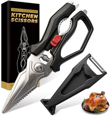 Heavy Duty Kitchen Scissors with Peeler Sheath - Spring Loaded Poultry Shears for Chicken, Meat & Fish - Multipurpose Food Scissors with Safety Lock & Non-Slip Handle, Dishwasher Safe