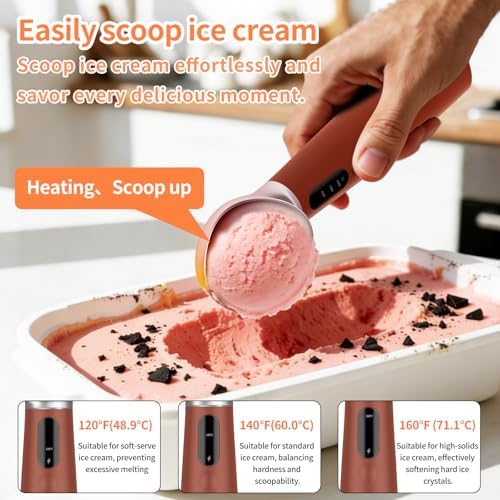 Heated Ice Cream Scoop Rechargeable, IP67 Waterproof Electric Warming Ice Cream Scooper with LED Display, Heats to 70°C for Hard Ice Cream, Easy for Seniors & Kids (Brown)