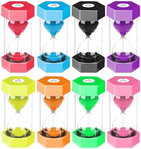 SuLiao Hourglass Sand Timer 3/5/8/10/15/20/25/30 Minutes, Large Acrylic Unbreakable Sand Clock for Kids, Plastic Sand Watch, Colorful Hour Glass Sandglass for Classroom Games Kitchen Decor (Pack of 8)