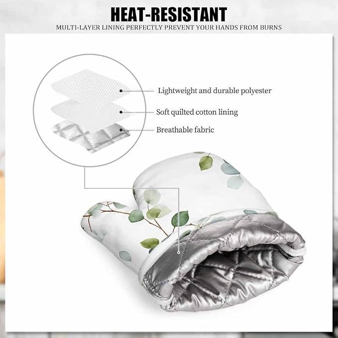 Mxocom Green Leaves Silicone Oven Mitts and Pot Holders Sets Eucalyptus Round Leaf Foliage Branches Twig Natural Plant Repeat BBQ Gloves for Kitchen,Cooking,Baking,Grilling