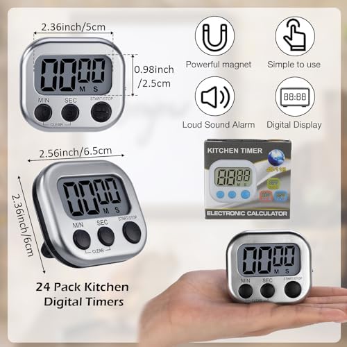 Leumoi 24 Pack Multi-Function Digital Timers with Magnetic Back, Large LCD Display, Loud Alarm, Count up & Countdown, Memory Function for Cooking, Classroom, Study, Exercise & Work(Sliver and Black)