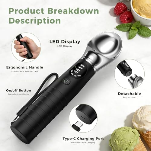 Beyn Heated Ice Cream Scoop Rechargeable with Removable Head, 4 Temperature Settings Electric Warming Scooper LED Display for Hard Ice Cream, Easy for Seniors & Kids, IP67 Waterproof, Fast Charge