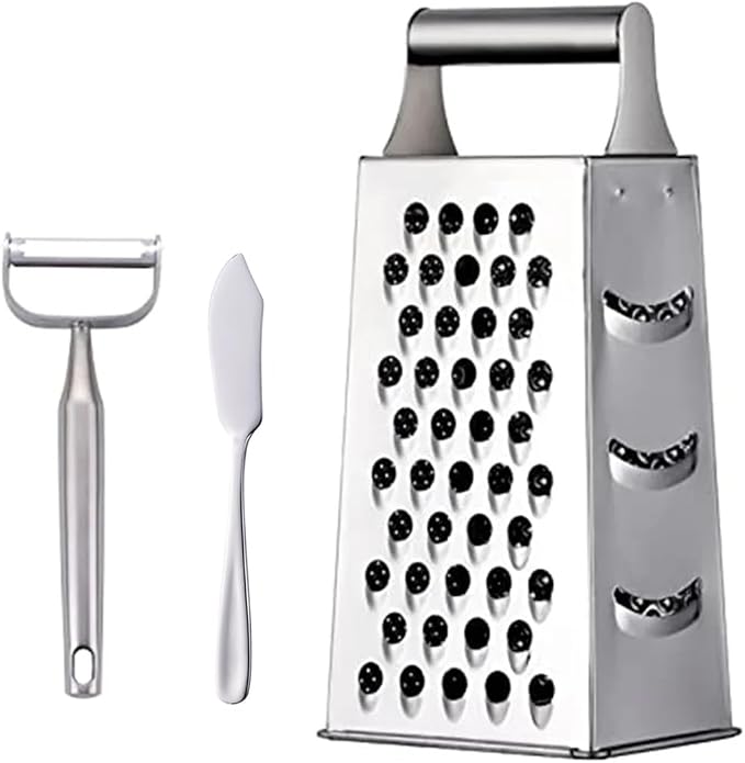 4 Sides Box Grater For Kitchen,Stainless Steel Cheese Grater With Handle,Multi-Function Vegetable Slicer Food Shredder For Chees,Ginger,Vegetables,Dishwasher Safe, Silver
