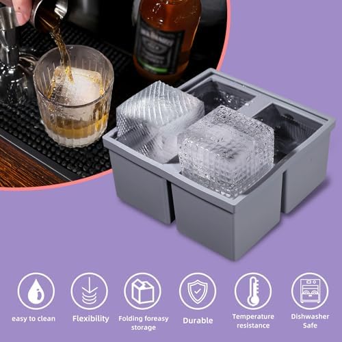 Large Square Ice Cube Trays - Make 2.36" Big Slow Melting Ice Balls for Whiskey & Cocktails, Leakproof Lids, Stackable BPA-Free Silicone Molds, Easy Release