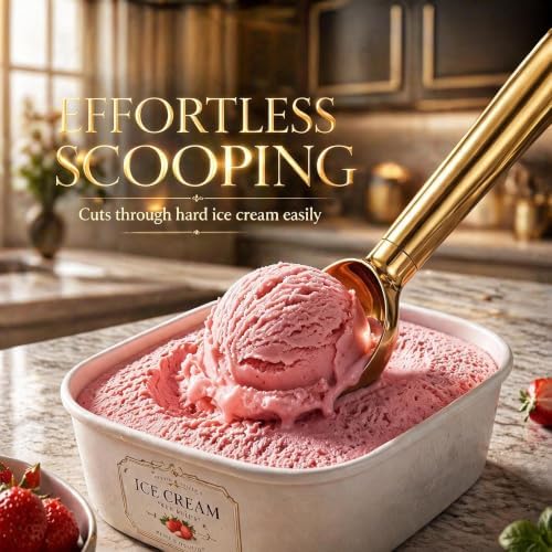 Snailhouse Ice Cream Scoop, Heavy Duty Stainless Steel Ice Cream Spoons Scooper for Cookie Dough, Gelato, Sorbet, Almond, Gold