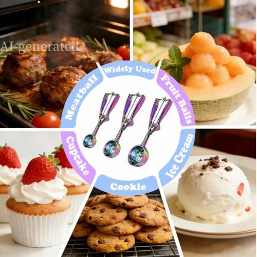 Ice Cream Scoop with Trigger Release, 304 Stainless Steel Cookie Scoops for Baking & Food Prep, Easy to Clean Dishwasher Safe Scooper for Ice Cream, Cookie Dough, Fruit and Meatballs（Colorful M)